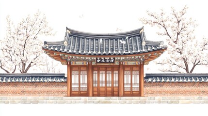 Fototapeta premium Korean traditional brick wall in seoul city road,south korea, sakura or Beotkkot flower in Korean language, Korean hanok roofline,spring season concept.