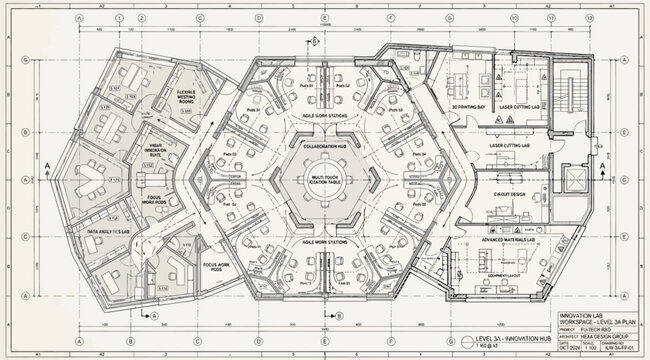 Architectural floor plan blueprint of a modern office building with hexagonal central layout