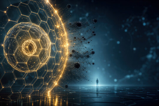 Biosecurity glowing translucent human cell protected by hexagonal glass lattice and golden forcefield deflecting virus particles Ebola PHEIC public health defense containment prevention