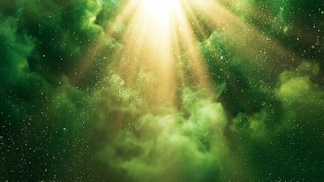 Sunlight shining through green mist with sparkling particles in a dreamy atmospheric background