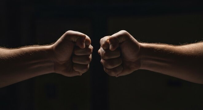 Two clenched fists, knuckles facing, back lit against a dark background