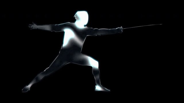 Silver metallic male fencing athlete dueling pose silhouette. Alpha channel. Seamless loop video.