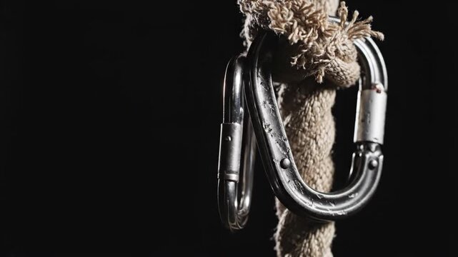 Steel carabiner hooked onto a textured climbing rope for security. Professional rock climbing gear equipment for mountaineering safety and industrial high work