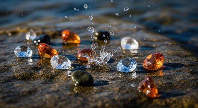 Close-up of colorful gemstones with water splashing on them.