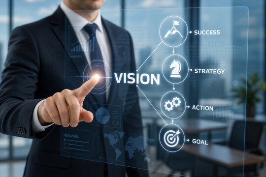 Businessman hand interacting with visionary success strategy virtual interface showing vision strategy action goal and success planning in modern office corporate environment touchscreen