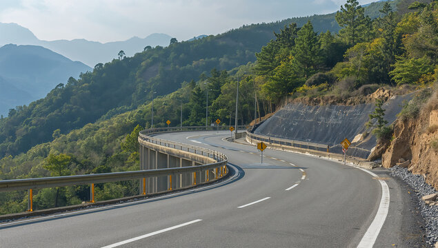 朝の山岳道路で補強された柵と擁壁が安全な交通を支える風景