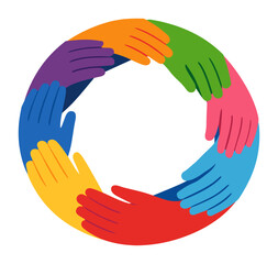 Obraz premium Diverse hands in a colorful circle representing unity, collaboration, teamwork, and community, fostering inclusion and diversity