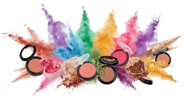 Explosion of colorful makeup powders and compacts isolated on transparent background