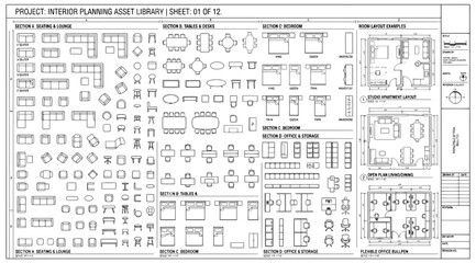 Interior design furniture library and layout templates sheet © S.Siam