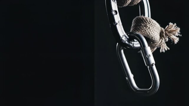 Metallic Carabiners Attached to a Rustic Rope on Black Background