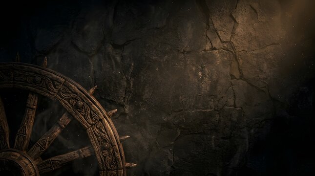 Ancient wooden chariot wheel against a weathered stone wall