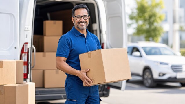 Friendly Hispanic delivery man in blue uniform carries a large cardboard box while unloading a white cargo van for professional logistics shipping services