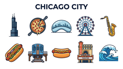 Obraz premium Chicago City Icons Collection Featuring Landmarks and Local Delicacies.