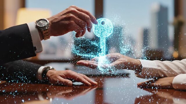 Executive succession and corporate leadership transition through human trust. A senior executive hand and a younger hand passing a glowing key of cyan particles between them.