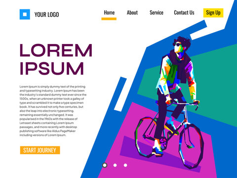 Vibrant web landing page template for cycling and bicycle website in WPAP pop art style, featuring colorful geometric vector illustrations.