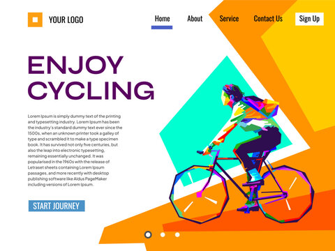 Vibrant web landing page template for cycling and bicycle website in WPAP pop art style, featuring colorful geometric vector illustrations.
