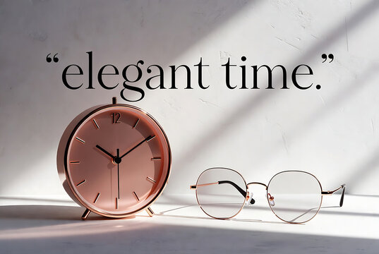 A rose gold clock and a pair of round glasses are displayed on a white surface with the text elegant time.