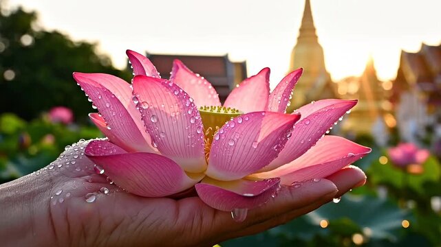 Spiritual wellness and Asian cultural mindfulness through human serenity. An open human palm holding a real pink lotus flower with morning dew drops and a soft Thai temple silhouette.