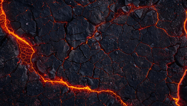 割れた黒い溶岩原に赤い熱が残る火山地表の写真