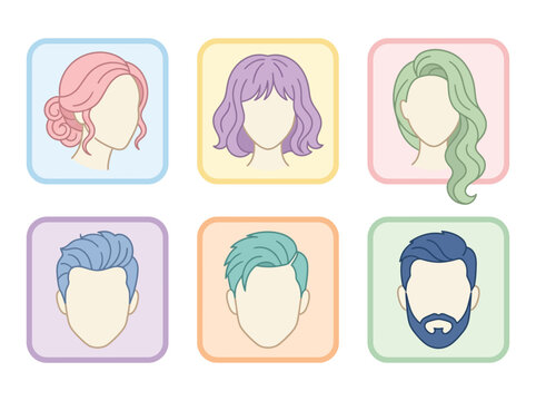 Illustrations of six people with different hairstyles and colors are shown.