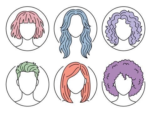 Six people with different colored hairstyles are illustrated in circular frames.