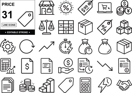 Price Icons Set &ndash; Pricing, Discount, Sale & Ecommerce Line Art Vector Icon Pack