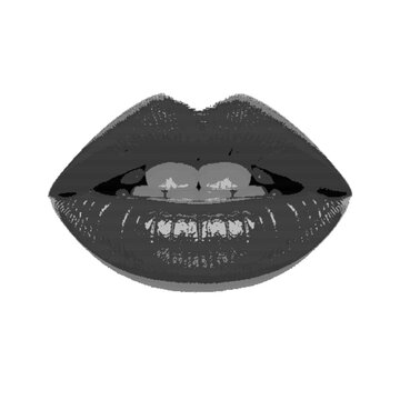 Abstract black and white posterized open mouth with teeth and female lips illustration