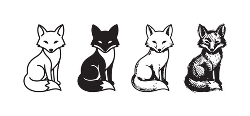 Fototapeta premium Sitting Fox Icon Set in Outline, Solid, Detailed Line Art, and Distressed Sketch Styles