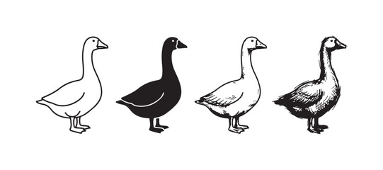 Collection of Four Geese Icons Represented in Diverse Art Styles: Basic Line Drawing, Filled Silhouette, Intricate Outline, and Rough Sketch © Ірина Гринюк