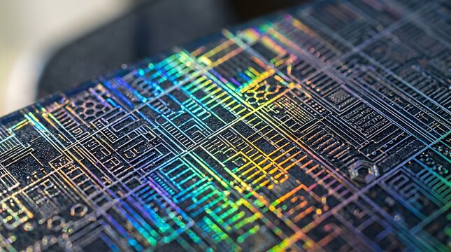 Macro view of holographic microchip circuit board texture with microchip