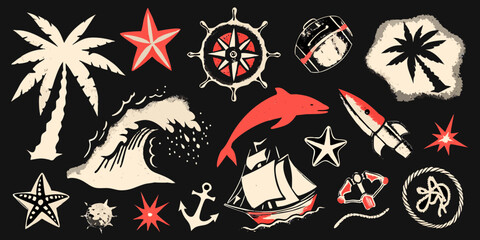 Nautical Adventure Vector Illustrations With Waves Starfish And Sailing Ship © Arif