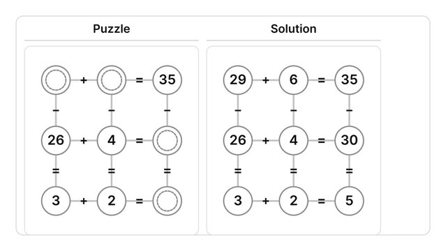 Addition subtraction puzzle sheet with answers