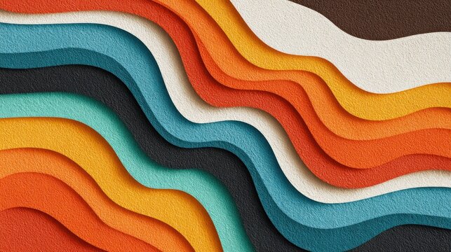 Abstract wavy layers of textured paper in warm and cool colors create a dynamic visual flow