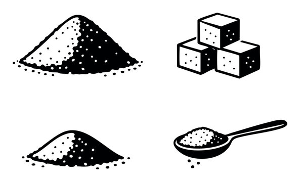 Sweetener types collection featuring granulated sugar, sugar cubes, and a measuring spoon for baking and diets