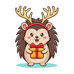 Fototapeta premium Cute Hedgehog Wearing Antlers Holding a Gift
