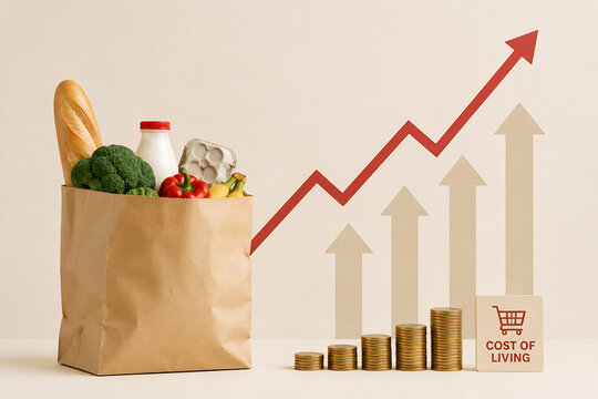 A brown paper bag filled with groceries next to a rising red arrow graph and stacks of coins representing the cost of living on a plain surface.