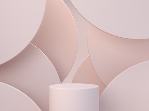Empty scene with podium and abstract 3D background in soft pastel pink and pink tones. Minimal modern design with smooth texture and delicate lighting. Showcase for cosmetic podium. 