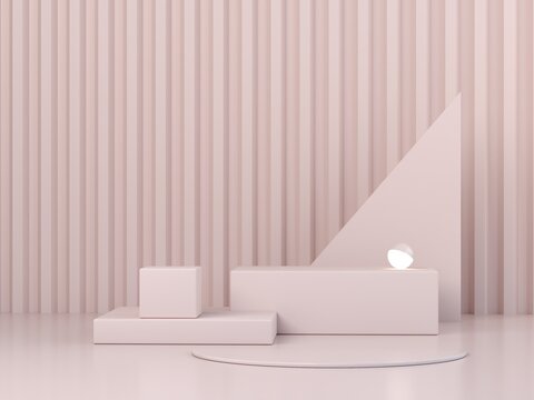 Empty scene with podium and abstract 3D background in soft pastel pink and pink tones. Minimal modern design with smooth texture and delicate lighting. Showcase for cosmetic podium. 