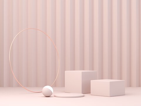 Empty scene with podium and abstract 3D background in soft pastel pink and pink tones. Minimal modern design with smooth texture and delicate lighting. Showcase for cosmetic podium. 