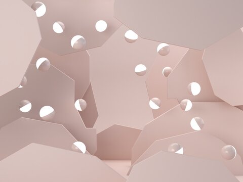 Abstract 3D background in soft pastel pink and beige tones featuring organic geometric shapes and floating white spheres. Minimal modern design with smooth texture and delicate lighting