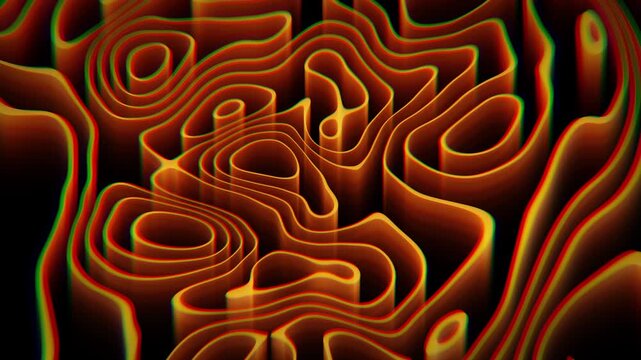 Liquid patterns animation with smooth fluid shapes and glowing orange contours on a black background. Psychedelic topographic waves for music visuals and art performances. Seamless loop 4K 60fps