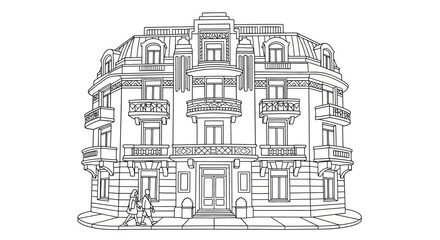 Naklejka premium Detailed Line Drawing of Classic European Architecture Building.