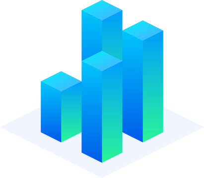 Modern blue and green 3D isometric bar chart showing growth and financial data analytics performance.