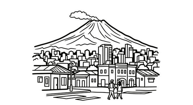 Quaint village illustration with erupting volcano backdrop.