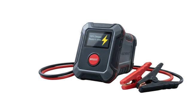 Red jump starter connected to car battery