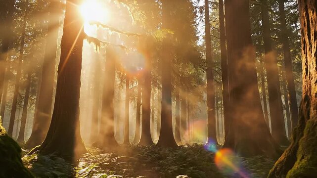 Sunlight streaming through tall trees in a misty green forest with lush ferns on the forest floor