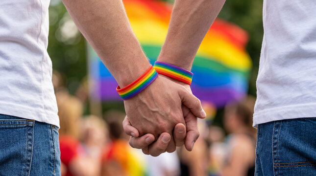 Holding hands at a pride event with rainbow bracelets during a bright summer day in a city park filled with people