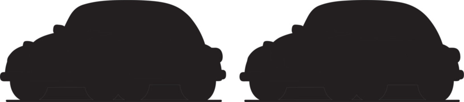 Find differences game template featuring two classic retro beetle cars black silhouette vector illustration.