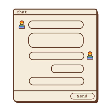Retro 90s computer chat messenger window with blank message bubbles and rainbow pride user avatars isolated on white. Vintage Y2K internet instant messaging interface layout for LGBTQ pride month.