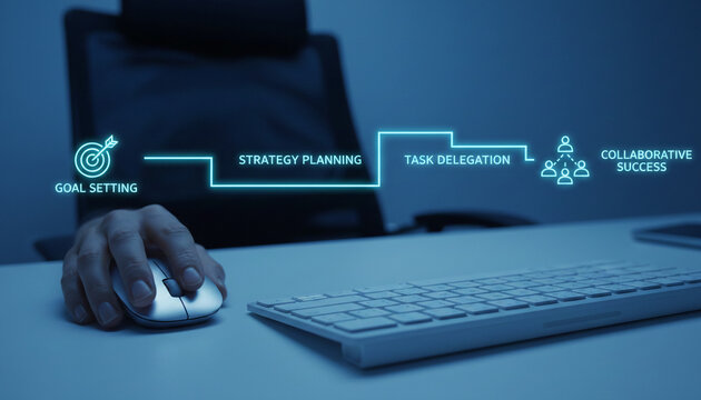 A digital flowchart illustrates business processes from goal setting and strategy planning to task delegation and collaborative success, symbolizing efficient project management and teamwork.